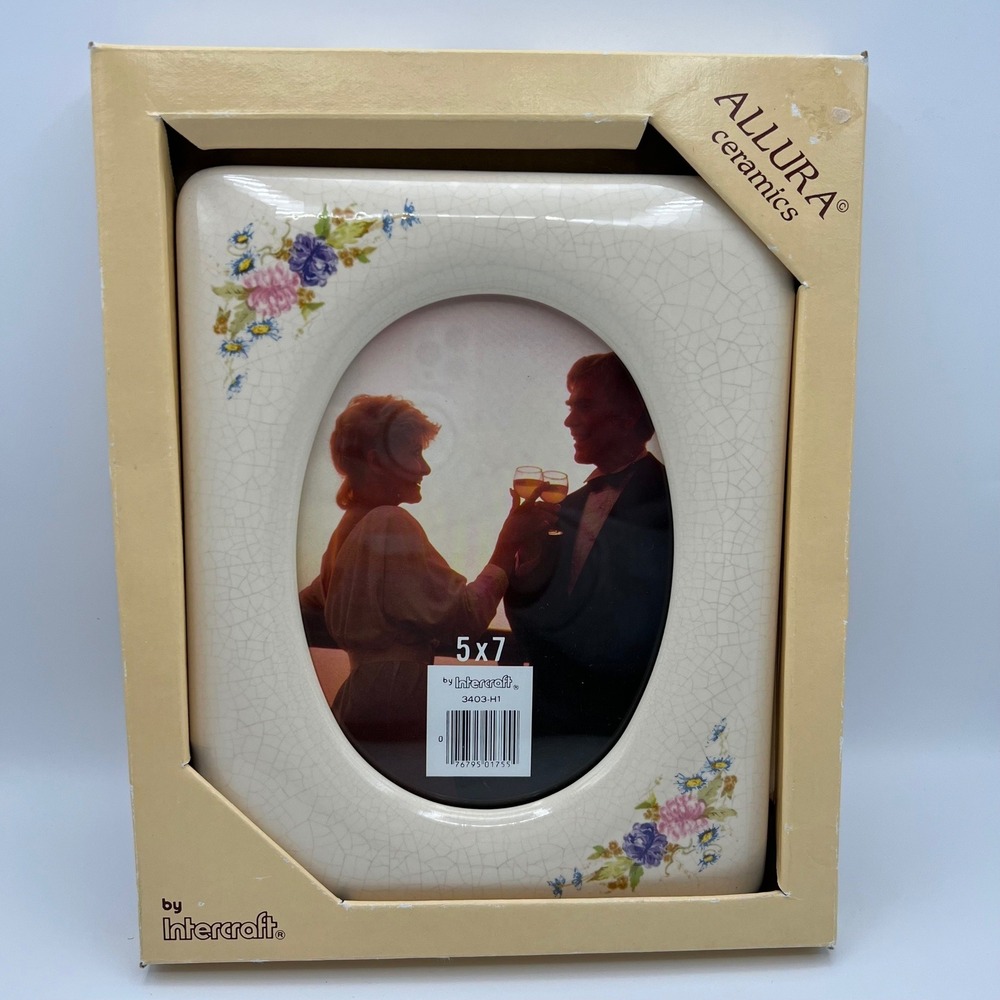 Vintage 80s Allura Ceramics Intercraft 5x7 Picture Frame Floral Crackle Glaze